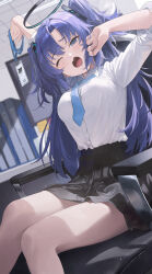 Rule 34 | 1girl, ;o, black skirt, blue archive, blue eyes, blue necktie, blush, breasts, commentary request, halo, highres, id card, lanyard, long hair, looking at viewer, mechanical halo, medium breasts, necktie, one eye closed, open mouth, parted bangs, pleated skirt, purple hair, shirt, sitting, skirt, sleepy, solo, stretching, ttk (kirinottk), two side up, white shirt, yawning, yuuka (blue archive)