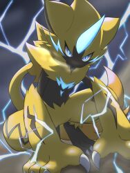 Rule 34 | animal focus, blue eyes, blurry, blurry background, claws, closed mouth, commentary request, creatures (company), electricity, game freak, gen 7 pokemon, herschel unite, highres, horns, legendary pokemon, mythical pokemon, nintendo, no humans, pokemon, pokemon (creature), single horn, squatting, yellow fur, zeraora