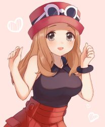 Rule 34 | 1girl, blonde hair, blush, bracelet, breasts, commentary request, creatures (company), eyewear on headwear, game freak, grey eyes, hands up, hat, heart, jewelry, long hair, looking at viewer, medium breasts, nasakixoc, nintendo, open mouth, pink hat, pleated skirt, pokemon, pokemon xy, red skirt, serena (pokemon), shirt, skirt, sleeveless, sleeveless shirt, smile, solo, sunglasses, tongue, white-framed eyewear