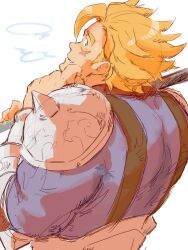 Rule 34 | 1boy, armor, blonde hair, blue eyes, blue shirt, commentary, cross scar, dragalia lost, english commentary, facial scar, highres, holding, holding weapon, looking at viewer, looking back, male focus, pauldrons, piikeisandaa, rex (dragalia lost), scar, scar on cheek, scar on face, scratching cheek, shirt, shoulder armor, single pauldron, spiked pauldrons, suspenders, sweatdrop, weapon, white background