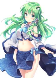 Rule 34 | 1girl, ascot, blue ascot, blue skirt, breasts, closed mouth, detached sleeves, frog hair ornament, green eyes, green hair, hair ornament, hair tubes, kochiya sanae, large breasts, long hair, looking at viewer, midriff, navel, non (nobu), simple background, skirt, smile, snake hair ornament, solo, standing, stomach, touhou, white background