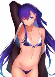 Rule 34 | 1girl, arm behind head, arm up, armpits, bare shoulders, bikini, black jacket, blue eyes, blue ribbon, blush, breasts, collarbone, fate/extra, fate/extra ccc, fate (series), hair ribbon, jacket, kameponde, long hair, long sleeves, looking at viewer, meltryllis (fate), one eye closed, open clothes, open jacket, open mouth, purple bikini, purple hair, ribbon, simple background, sleeves past fingers, sleeves past wrists, small breasts, solo, swimsuit, very long hair, white background