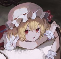Rule 34 | 1girl, blonde hair, flandre scarlet, happiness lilys, hat, hat ribbon, highres, laevatein (touhou), looking at viewer, lying, mob cap, on stomach, one side up, open mouth, red eyes, red ribbon, red vest, ribbon, shirt, short hair, short sleeves, solo, touhou, upper body, vest, white hat, white shirt, wings, wrist cuffs