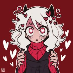 Rule 34 | 1girl, bad id, bad twitter id, bamboo (merenge doll), black jacket, blush, demon girl, demon horns, heart, heart-shaped pupils, helltaker, highres, horns, jacket, long sleeves, looking at viewer, modeus (helltaker), outline, parted lips, red background, red eyes, red sweater, signature, simple background, solo, sweatdrop, sweater, symbol-shaped pupils, upper body, white outline