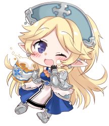 Rule 34 | 1girl, alcohol, armor, armored boots, armored dress, ascot, bad id, bad pixiv id, bare shoulders, beer, beer mug, black gloves, blonde hair, blue dress, blue headwear, blush, boots, breasts, chibi, commission, cup, dress, ear piercing, foam, full body, gauntlets, gloves, highres, hizuki yayoi, holding, holding cup, long hair, looking at viewer, medium breasts, mug, open mouth, orange ascot, piercing, pixiv commission, pointy ears, princess connect!, purple eyes, simple background, sitting, solo, very long hair, white background, yukari (princess connect!)