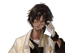 Rule 34 | 1boy, adjusting eyewear, arknights, bespectacled, black hair, dark-skinned male, dark skin, earclip, geebee 79, glasses, gloves, hand on eyewear, highres, jacket, jewelry, low ponytail, male focus, necklace, open clothes, open jacket, orange eyes, parted lips, ponytail, shirt, short ponytail, simple background, solo, thorns (arknights), upper body, white background, white gloves