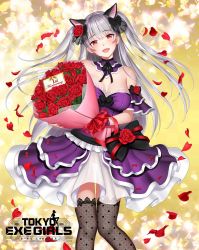 Rule 34 | 1girl, :d, animal ears, bare shoulders, black bow, blush, bouquet, bow, breasts, cat ears, choker, cleavage, copyright name, cowboy shot, detached collar, dress, fang, fishnet thighhighs, fishnets, flower, hair bow, hair flower, hair ornament, head tilt, highres, lace, lace-trimmed legwear, lace trim, large breasts, layered dress, long hair, looking at viewer, nail polish, open mouth, petals, pink nails, purple dress, re:shimashima, red eyes, red flower, red rose, ribbon choker, rose, rose petals, silver hair, smile, solo, thighhighs, tokyo exe girls, two side up, very long hair, wristband