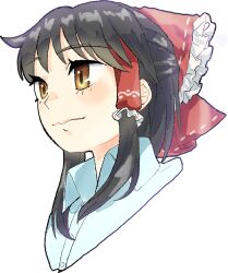 Rule 34 | 1girl, bow, brown eyes, closed mouth, collared shirt, commentary request, cookie (touhou), frilled hair tubes, frills, hair bow, hair tubes, hakurei reimu, highres, looking afar, medium bangs, medium hair, portrait, red bow, respawn dead, sananana (cookie), shirt, sidelocks, simple background, smile, solo, touhou, transparent background, white shirt