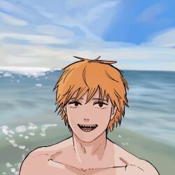 Rule 34 | 1boy, bare shoulders, blue sky, chainsaw man, collarbone, commentary, denji (chainsaw man), english commentary, goldenpenhd, horizon, male focus, ocean, open mouth, orange hair, red eyes, sharp teeth, sky, smile, solo, teeth
