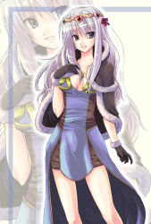 Rule 34 | 1girl, blue dress, bow, breasts, brown cape, brown dress, brown gloves, cape, commentary request, diadem, dress, feet out of frame, fur-trimmed cape, fur-trimmed gloves, fur trim, gem, gloves, grey eyes, grey hair, hair bow, high wizard (ragnarok online), long hair, looking at viewer, medium breasts, nueco, open mouth, ragnarok online, red bow, short dress, solo, strapless, strapless dress, two-tone dress, zoom layer