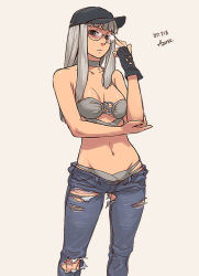 Rule 34 | 00s, 1girl, azusa (hws), denim, fate/stay night, fate (series), fingerless gloves, glasses, gloves, grey hair, hat, himuro kane, jeans, midriff, pants, solo, torn clothes, torn jeans, torn pants