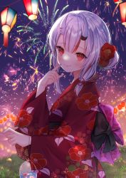 Rule 34 | 1girl, bag, bagged fish, blush, camellia print, commentary request, fireworks, fish, floral print, flower, grass, hair bun, hair flower, hair ornament, haruhitooo, highres, hololive, horns, japanese clothes, kimono, lantern, long sleeves, looking at viewer, multicolored hair, nakiri ayame, night, oni, outdoors, paper lantern, plastic bag, red eyes, red hair, skin-covered horns, smile, solo, streaked hair, summer festival, upper body, virtual youtuber, white hair, yukata