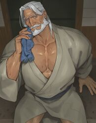 Rule 34 | 1boy, bara, beard, blue eyes, commentary, facial hair, highres, holding, holding towel, jp (street fighter), male focus, mature male, mustache, old, old man, open mouth, pectoral cleavage, pectorals, sa1k0p, sitting, solo, street fighter, street fighter 6, sweat, symbol-only commentary, towel, white hair