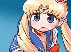 Rule 34 | 1girl, bishoujo senshi sailor moon, blonde hair, blue background, blue eyes, blue sailor collar, blush, bow, bowtie, breasts, chibi, cleavage, derivative work, diadem, from side, hair ornament, looking at viewer, looking to the side, meme, open mouth, rantana (lalalalackluster), red bow, red bowtie, sailor collar, sailor moon, sailor moon redraw challenge (meme), school uniform, serafuku, shirt, solo, sweatdrop, tsukino usagi, twintails, upper body, white shirt