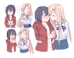 Rule 34 | 2girls, black hair, blonde hair, blue ribbon, blue skirt, blush, closed eyes, closed mouth, collared shirt, commentary, commentary request, eating, egakuning, english commentary, food, food on face, glasses, hand on another&#039;s waist, heart-shaped food, highres, imminent kiss, kamikoshi sorawo, long hair, long sleeves, looking at another, mixed-language commentary, multiple girls, multiple views, neck ribbon, nishina toriko, onigiri, pleated skirt, ribbon, shirt, short hair, simple background, skirt, smile, smug, sparkle, urasekai picnic, white background, white shirt, yuri