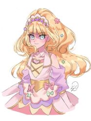 Rule 34 | 1girl, apron, blonde hair, blue eyes, blunt bangs, brooch, choker, commentary request, cure finale, delicious party precure, hantwichahan, heart, heart brooch, high ponytail, jewelry, kasai amane, long hair, magical girl, precure, smile, solo, sparkle hair ornament, white choker, wide ponytail