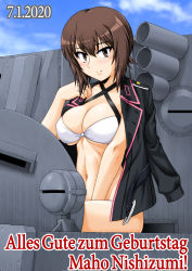 Rule 34 | 1girl, bikini, bikini under clothes, black jacket, blue sky, breasts, brown eyes, brown hair, character name, cleavage, closed mouth, cloud, cloudy sky, commentary, dated, day, german text, girls und panzer, happy birthday, jacket, jacket on shoulders, long sleeves, looking at viewer, medium breasts, military, military vehicle, motor vehicle, navel, niedersachsen military uniform, nishizumi maho, oosaka kanagawa, outdoors, short hair, sitting, sky, smile, solo, swimsuit, tank, tiger i, translated, white bikini