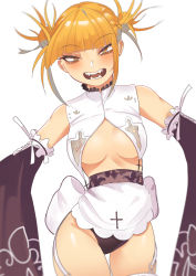 Rule 34 | 1girl, :d, alternate costume, bags under eyes, blonde hair, blunt bangs, boku no hero academia, breasts, cleavage cutout, clothing cutout, detached sleeves, double bun, fangs, garter straps, hair bun, hair up, highres, looking at viewer, medium breasts, messy hair, narrowed eyes, open mouth, outstretched arms, ribbon, short hair, sidelocks, simple background, sleeveless, slit pupils, smile, solo, standing, teeth, toga himiko, underboob, white background, wide sleeves, yellow eyes, zd (pixiv6210083)