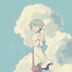Rule 34 | 1girl, capelet, chinese commentary, closed mouth, cloud, cloudy sky, commentary request, day, gold trim, green eyes, green hair, hand on own wrist, isoi rai, long sleeves, outdoors, pants, red pants, saibou shinkyoku, short hair, sky, smile, solo, sunoom17, white capelet