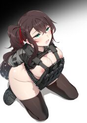 Rule 34 | 1girl, absurdres, arms behind back, black thighhighs, blue eyes, blush, bottomless, breasts, brown hair, bulletproof vest, cleavage, cum, cum in mouth, cum on body, cum on breasts, cum on tongue, cum on upper body, female focus, full body, gradient background, hair ornament, half-closed eyes, highres, k0ng, kneeling, large breasts, nipples, open mouth, original, paid reward available, side ponytail, simple background, solo, tears, thighhighs, tongue, tongue out