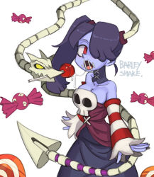 Rule 34 | 1girl, barleyshake, blue skin, breasts, candy, cleavage, collarbone, colored skin, detached collar, detached sleeves, dress, food, hair over one eye, leviathan (skullgirls), lollipop, looking to the side, medium breasts, red eyes, saliva, saliva trail, sexually suggestive, side ponytail, skullgirls, solo, squigly (skullgirls), striped, upper body, white background, yellow eyes