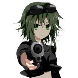 Rule 34 | 1girl, absurdres, aiming, aiming at viewer, finger on trigger, goggles, goggles on head, green eyes, green hair, gumi, gun, highres, holding, holding gun, holding weapon, marirero a, matching hair/eyes, short hair, solo, transparent background, vocaloid, weapon