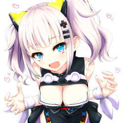 Rule 34 | 1girl, bare shoulders, black dress, blue eyes, blush, breasts, cleavage, cleavage cutout, clothing cutout, commentary request, dress, fingernails, hair ornament, hairclip, head tilt, heart, highres, kaguya luna, large breasts, long hair, looking at viewer, obi, open mouth, sash, silver hair, simple background, sleeveless, sleeveless dress, solo, the moon studio, twintails, virtual youtuber, watarui, white background