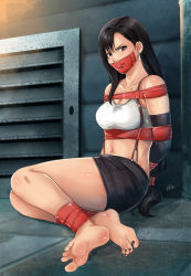 Rule 34 | absurdres, barefoot, black hair, bound, bound ankles, breasts, brown eyes, earrings, elbow gloves, feet, final fantasy, final fantasy vii, gag, gagged, gloves, highres, improvised gag, jewelry, large breasts, long hair, lost one zero, low-tied long hair, midriff, miniskirt, nail polish, pencil skirt, shirt, skirt, soles, solo, suspender skirt, suspenders, tank top, tape, tape gag, taut clothes, taut shirt, tifa lockhart, toenail polish, toenails, toes