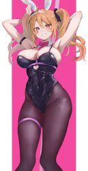 Rule 34 | absurdres, ahoge, angelica rafa redgrave, animal ears, arm strap, armpits, arms up, black leotard, black pantyhose, blonde hair, bow, bowtie, breasts, cleavage, clothing cutout, commission, covered navel, detached collar, fake animal ears, hairband, heart cutout, highleg, highleg leotard, highres, large breasts, leotard, lhoting, otome gee sekai wa mob ni kibishii sekai desu, pantyhose, pixiv commission, playboy bunny, rabbit ears, rabbit pose, red bow, red eyes, strapless, strapless leotard, thigh strap, white hairband