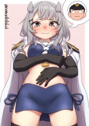 Rule 34 | 1girl, absurdres, admiral (kancolle), black gloves, blue skirt, body switch, breasts, crop top, elbow gloves, fake horns, gloves, gradient neckerchief, grey eyes, grey hair, highres, horned headwear, horns, i-201 (kancolle), kantai collection, long hair, mole, mole on stomach, namaata, neckerchief, nontraditional school swimsuit, personality switch, sailor collar, school swimsuit, skirt, small breasts, swimsuit, white neckerchief, white sailor collar, yellow neckerchief