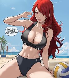 Rule 34 | 1girl, arm support, arm up, beach, beach volleyball, bikini, black bikini, blue sky, breasts, collarbone, commentary, english commentary, english text, hair over one eye, highres, kirijou mitsuru, large breasts, lepypepy, long hair, navel, outdoors, palm tree, parted lips, patreon username, persona, persona 3, red eyes, sky, solo, speech bubble, sports bikini, swimsuit, thighs, tree, volleyball net, wavy hair