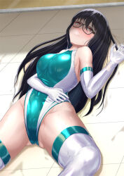 Rule 34 | arm across waist, black-framed eyewear, black hair, blush, breasts, brown eyes, closed mouth, commentary request, competition swimsuit, covered navel, elbow gloves, garoo hoshi, glasses, gloves, gluteal fold, green one-piece swimsuit, green trim, groin, hair between eyes, highleg, highleg swimsuit, highres, large breasts, long hair, looking at viewer, lying, on back, one-piece swimsuit, original, swimsuit, thighhighs, thighs, two-tone swimsuit, wet, white gloves, white one-piece swimsuit, white thighhighs