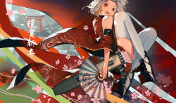 Rule 34 | 1girl, :d, animal ears, azur lane, detached sleeves, fang, flight deck, hand fan, highres, japanese clothes, koog, long sleeves, nengajou, new year, open mouth, paper fan, parted bangs, pleated skirt, red eyes, short hair, shouhou (azur lane), skirt, smile, solo, split bangs, thighhighs, white hair, white thighhighs, wide sleeves