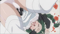 Rule 34 | 1girl, apron, arm up, ass, blush, braid, breasts, clenched hand, covered erect nipples, crotch, crying, dutch angle, closed eyes, flower, from above, garter straps, green hair, hand on own face, indoors, ladies versus butlers!, large breasts, long hair, long sleeves, maid, maid apron, on floor, open mouth, panties, pantyshot, petals, red flower, red rose, ribbon, rose, screencap, shikikagami sanae, single braid, solo, tears, thighhighs, thighs, underwear, upside-down, wet, wet clothes, white panties, white thighhighs