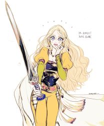 Rule 34 | 1girl, belt, blonde hair, blue eyes, blue shirt, breasts, cape, celes chere, cleavage, cropped jacket, earrings, final fantasy, final fantasy vi, highres, hip vent, holding, holding sword, holding weapon, jacket, jewelry, long hair, oju (ouka), pants, sash, shirt, square enix, strapless, strapless shirt, sword, wavy hair, weapon, white cape, yellow jacket, yellow pants
