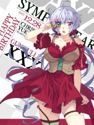 Rule 34 | 1girl, ahoge, bare shoulders, birthday, blush, breasts, character name, commentary request, dated, dress, english text, gem, happy birthday, highres, jewelry, large breasts, long hair, looking at viewer, low-tied long hair, necklace, open mouth, puffy sleeves, purple eyes, red dress, scrunchie, senki zesshou symphogear, short sleeves, silver hair, solo, standing, text focus, thighhighs, twintails, very long hair, wada chiyon, white thighhighs, yukine chris