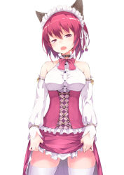 Rule 34 | 1girl, animal ears, bare shoulders, clothes lift, collar, detached sleeves, looking at viewer, maeda risou, maid headdress, open mouth, original, red eyes, red hair, ribbon, short hair, simple background, skirt, skirt lift, solo, thighhighs, wavy mouth, white background, white thighhighs
