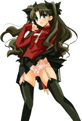 Rule 34 | 00s, 1girl, black thighhighs, book, fate/stay night, fate (series), female focus, garter belt, hizuki yayoi, lingerie, long hair, looking at viewer, panties, pantyshot, ribbon, simple background, skirt, solo, sweater, thighhighs, tohsaka rin, turtleneck, twintails, underwear, upskirt, white background, wind, wind lift