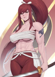 Rule 34 | 1girl, erza scarlet, highres, holding, holding sword, holding weapon, muscular, muscular female, ponytail, red hair, solo, speedl00ver, sword, tattoo, weapon