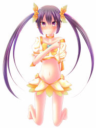 Rule 34 | 1girl, arms behind back, barefoot, blush, bow, brooch, cosplay, cure sunshine, cure sunshine (cosplay), earrings, full body, hair bow, hand on another&#039;s chest, hand on own chest, heart, heart brooch, heartcatch precure!, highres, jewelry, k-on!, kneeling, long hair, magical girl, md5 mismatch, midriff, nakano azusa, orange bow, precure, simple background, skirt, solo, twintails, urara (sumairuclover), white background, yellow bow, yellow skirt