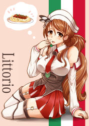 Rule 34 | 10s, 1girl, arm support, bare shoulders, blush, breasts, brown eyes, brown hair, character name, detached sleeves, food, full body, garter straps, hat, hat feather, highres, imagining, italian flag, italian text, italy, kantai collection, large breasts, littorio (kancolle), long hair, long sleeves, looking at viewer, makumaxu, miniskirt, necktie, open mouth, pasta, ponytail, red necktie, red skirt, skirt, solo, spaghetti, thighhighs, very long hair, wavy hair, white thighhighs, zettai ryouiki