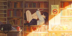 Rule 34 | 1girl, bag, black footwear, blue skirt, book, brown hair, cable, commentary request, dejio, earphones, english text, from side, full body, highres, holding, holding book, indoors, juice box, library, long hair, long sleeves, lying, on back, open book, original, pleated skirt, reading, red socks, sailor collar, school uniform, serafuku, shirt, skirt, socks, solo, white shirt