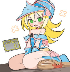 Rule 34 | 1girl, @ @, absurdres, animal, bandaid, bandaid on cheek, bandaid on face, bare shoulders, between legs, blonde hair, blue dress, blue footwear, blue gloves, blue headwear, blush, boots, commentary request, crab, dark magician girl, dress, duel monster, fang, gloves, green eyes, hair between eyes, hand between legs, highres, kokaki mumose, looking at viewer, off-shoulder dress, off shoulder, open mouth, simple background, sitting, solo, staff, tears, torn clothes, torn dress, torn gloves, translation request, wariza, wavy mouth, white background, yu-gi-oh!, yu-gi-oh! duel monsters