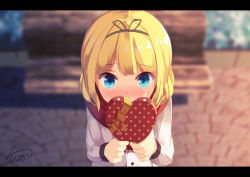 Rule 34 | 1girl, bad id, bad pixiv id, bench, blonde hair, blue eyes, blunt bangs, blurry, blush, box, commentary request, depth of field, from above, gift, gift box, gochuumon wa usagi desu ka?, hairband, heart-shaped box, highres, holding, holding gift, incoming gift, jacket, kirima syaro, letterboxed, long sleeves, looking at viewer, mokachino, outdoors, red scarf, ribbon, scarf, short hair, signature, solo, upper body, valentine, white jacket, yellow ribbon