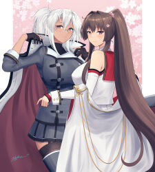 Rule 34 | 2girls, black gloves, blush, breasts, brown eyes, brown hair, closed mouth, fingerless gloves, glasses, gloves, grey hair, grey skirt, hair between eyes, highres, kantai collection, large breasts, long coat, long hair, long sleeves, multiple girls, musashi (kancolle), musashi kai ni (kancolle), odachu, open mouth, pleated skirt, ponytail, skirt, smile, two side up, white skirt, yamato (kancolle), yamato kai ni (kancolle)