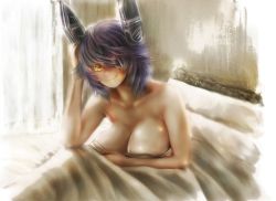Rule 34 | 1girl, bed, breasts, curtains, eyepatch, hand on own head, headgear, huge breasts, kantai collection, leaning to the side, lips, medium hair, messy hair, nude, on bed, pillow, purple hair, shiny skin, smile, solo, stealstitaniums, tenryuu (kancolle), under covers, yellow eyes