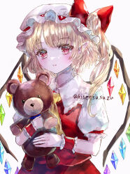 Rule 34 | 1girl, ascot, blonde hair, crystal, flandre scarlet, hat, hat ribbon, highres, holding, mob cap, multicolored wings, one side up, puffy short sleeves, puffy sleeves, red eyes, red skirt, ribbon, short sleeves, side ponytail, skirt, skirt set, solo, stuffed animal, stuffed toy, suzushina, teddy bear, touhou, twitter username, white background, white hat, wings, yellow ascot