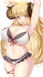 Rule 34 | 1girl, ahoge, anila (granblue fantasy), anila (summer) (granblue fantasy), armpits, arms up, bikini, black bikini, blonde hair, blunt bangs, breasts, cleavage, collarbone, commentary, cowboy shot, curled horns, curvy, eyes visible through hair, frilled bikini, frills, granblue fantasy, groin, highres, horns, kibihimi, large breasts, layered bikini, legs together, long hair, looking at viewer, navel, open mouth, red ribbon, ribbon, sheep horns, short eyebrows, simple background, skindentation, smile, solo, standing, swimsuit, teeth, thick thighs, thighs, upper teeth only, very long hair, white background, white bikini, yellow eyes