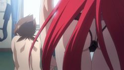 Rule 34 | 10s, 1boy, 1girl, animated, animated gif, ass, back, butt crack, cameltoe, high school dxd, hyoudou issei, lingerie, long hair, panties, red hair, rias gremory, sitting, underwear