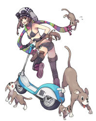 Rule 34 | 1girl, bikini, boots, copyright request, dog, flying sweatdrops, goggles, goggles on headwear, helmet, holster, motor vehicle, motorized scooter, multicolored clothes, multicolored scarf, multicolored stripes, scarf, solo, striped clothes, striped scarf, swimsuit, tagme, thighhighs, thighhighs under boots, vehicle, weapon, youhei (artist)